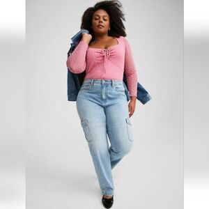 Torrid Mesh Tie Front Long Sleeve V-neck Top Dusty Rose Sz 2